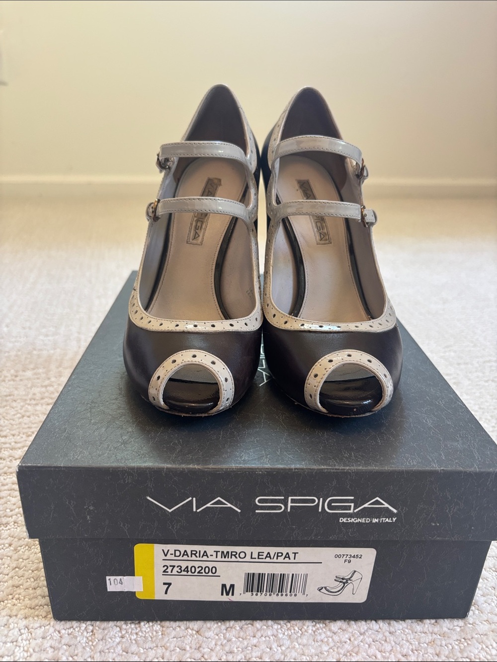 Via Spiga Dark Brown and Gray Peep-Toe Mary Jane Heels